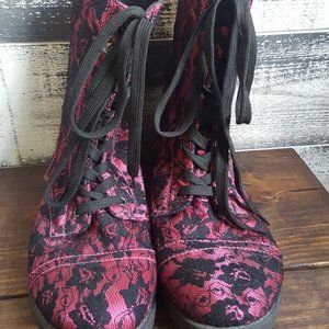Fuchsia and Black Lace Combat Boots